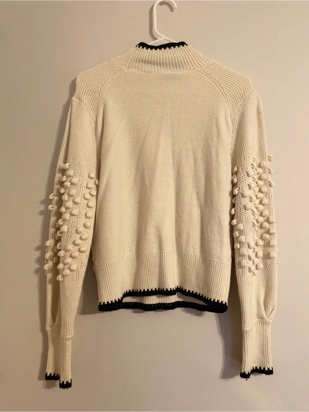 BCBGMaxAzria Cream Pom-Pom Knit Sweater with Black Trim - Picture 4 of 6